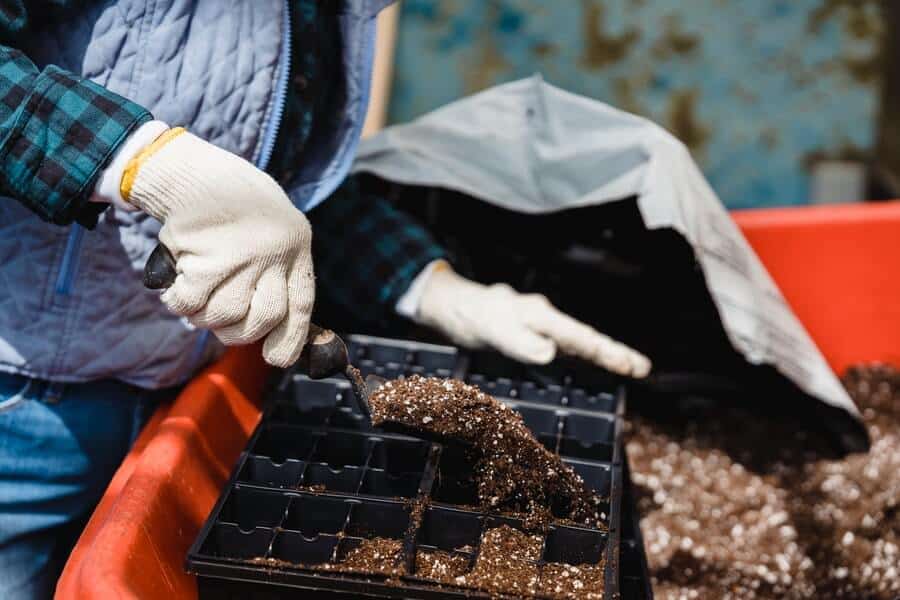 gardener adding soil in their container garden