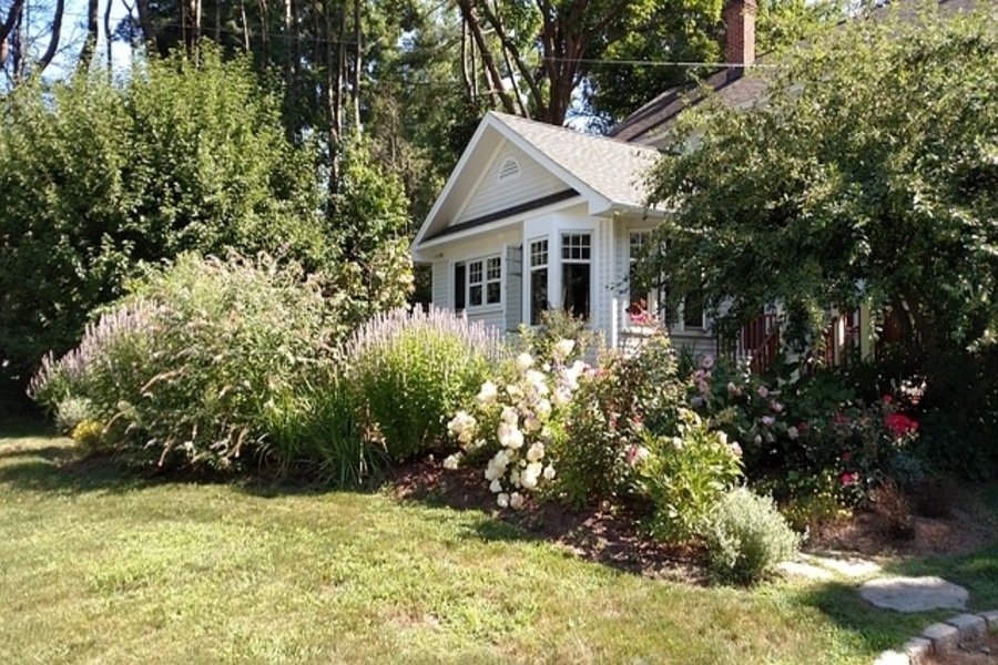 a front garden design involving flowers