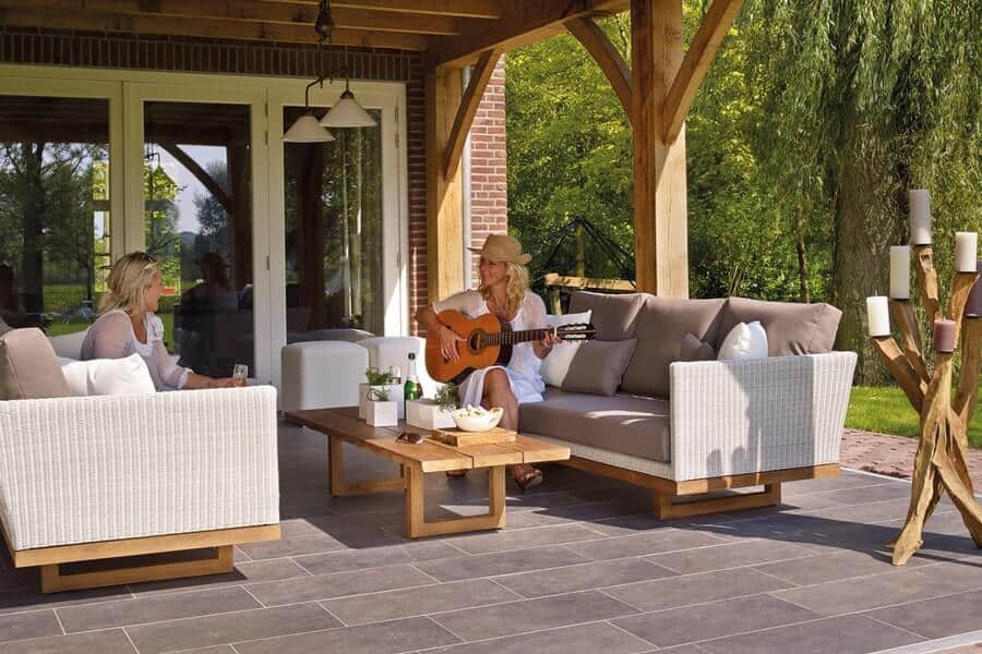 a garden seating area on a patio