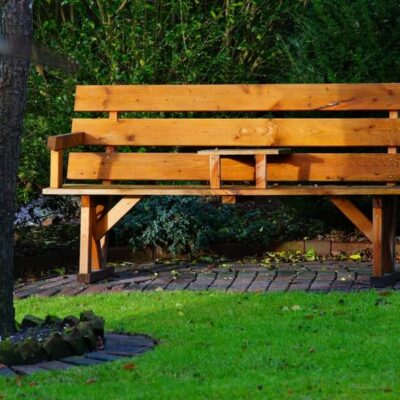 a two seater garden bench in a garden seating area