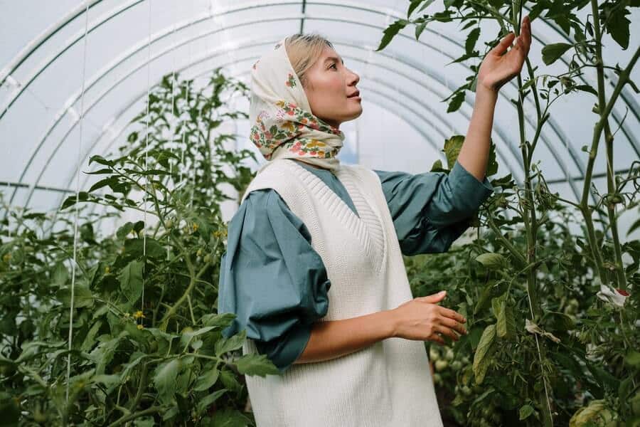woman standing with green plants