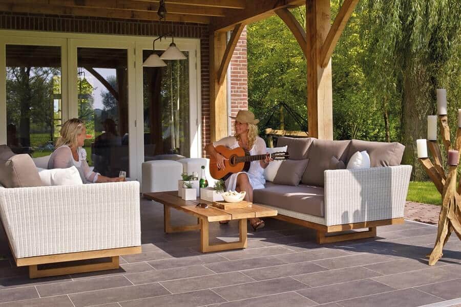 a garden patio in sunlight
