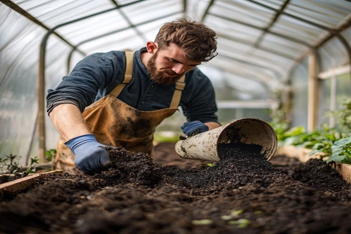 ash for compost in a polytunnel