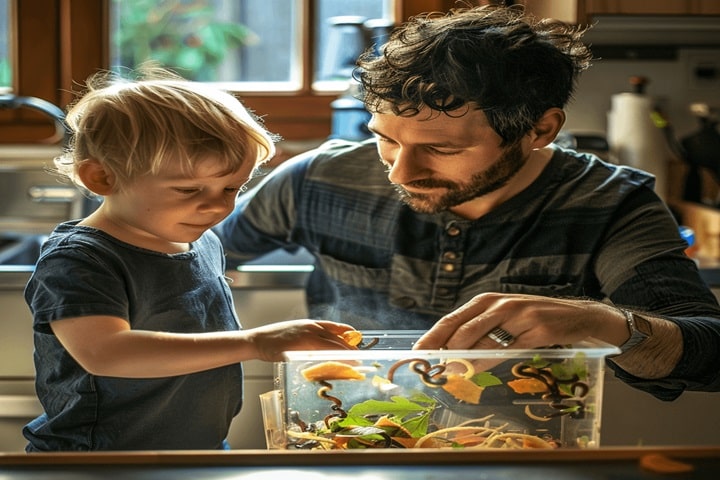 feeding worms inside a wormery