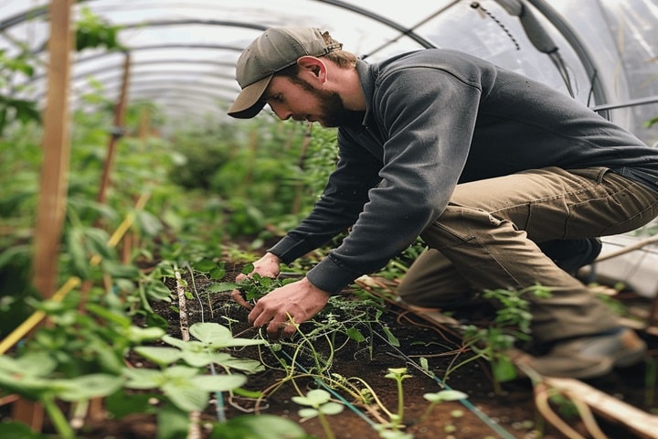 gardener harvesting liquorice plant in a polytunnel
