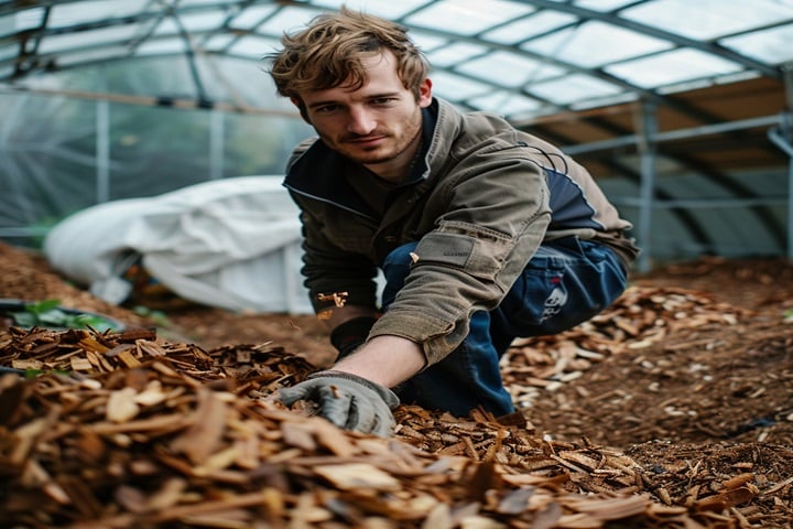 gardener using wood chip mulch to make habitat