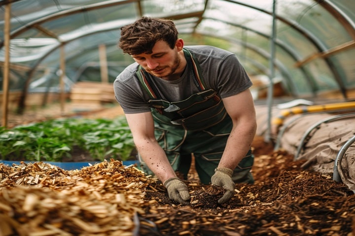 gardener using wood chip mulch in a polytunnel for composting
