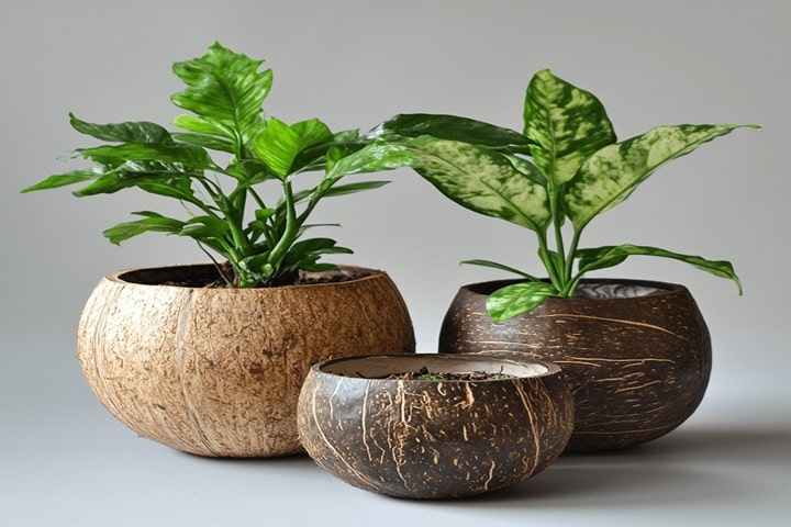 coconut shell upcycled plant pots