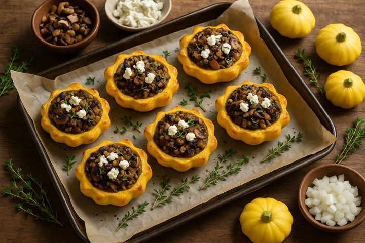 patty pan recipes mushroom, goat cheese and thyme