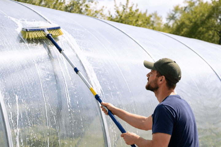 man cleaning polytunnel in daylight