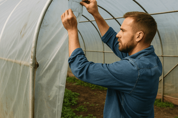 man repairing polytunnel