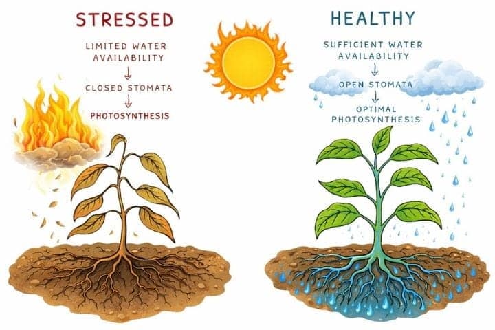 Diagram showing plant transpiration and water loss compared to water uptake