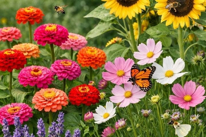 Pollinator-friendly companion flowers attracting bees and butterflies in a vegetable garden