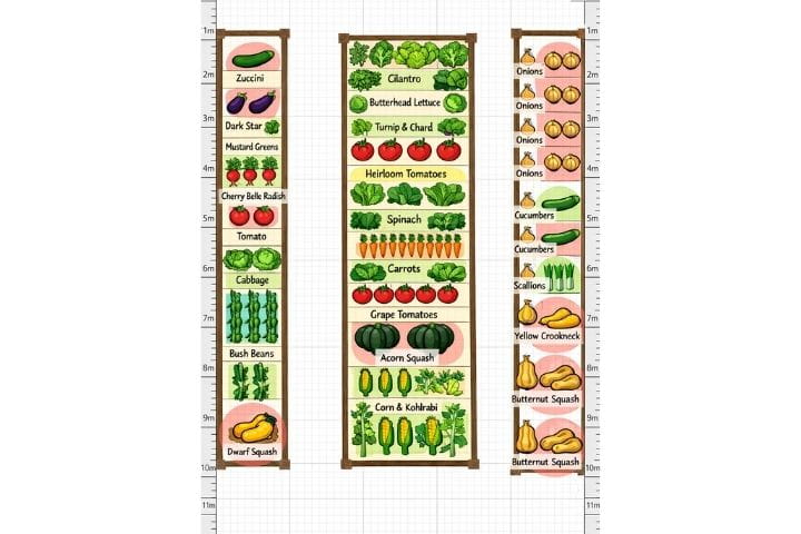 Survival garden layout plan for a polytunnel showing organised crop beds with vegetables like tomatoes, carrots, onions and squash