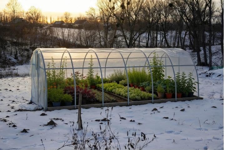 Winter vegetables growing inside a polytunnel in the UK