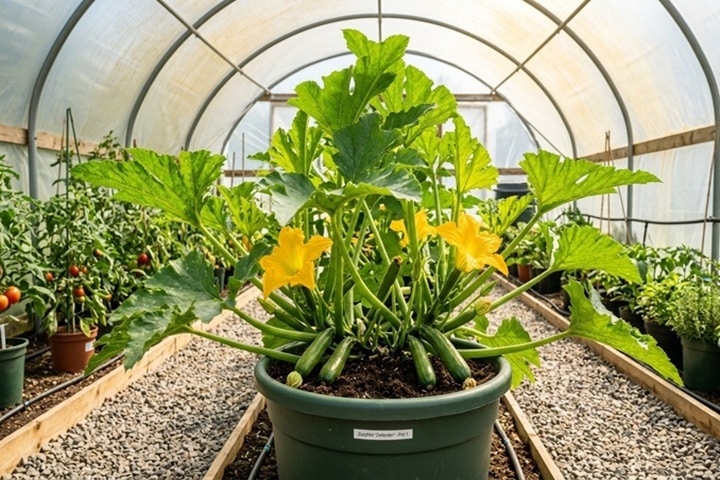 courgette in pot polytunnel