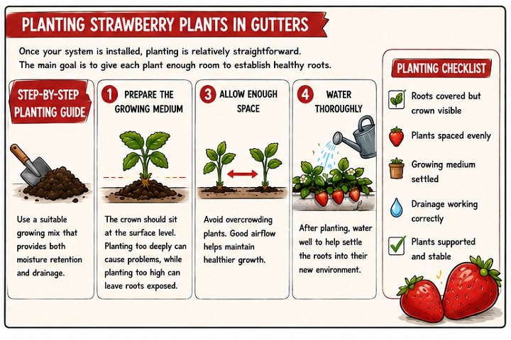growing strawberry plants in gutters planting